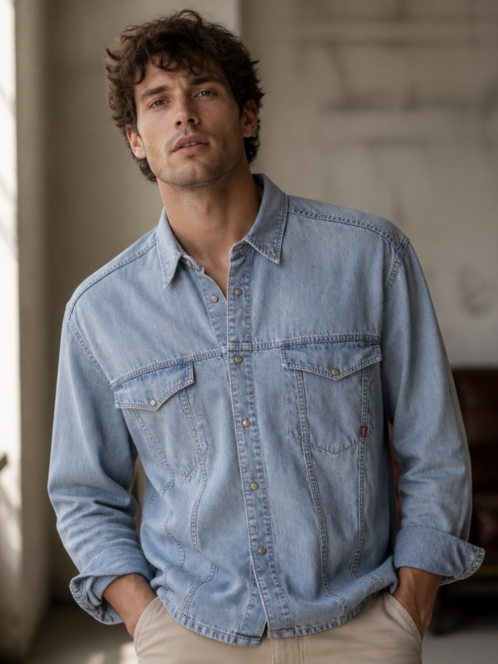 Men's Light Blue Denim Button-Down Shirt - Long Sleeve Casual